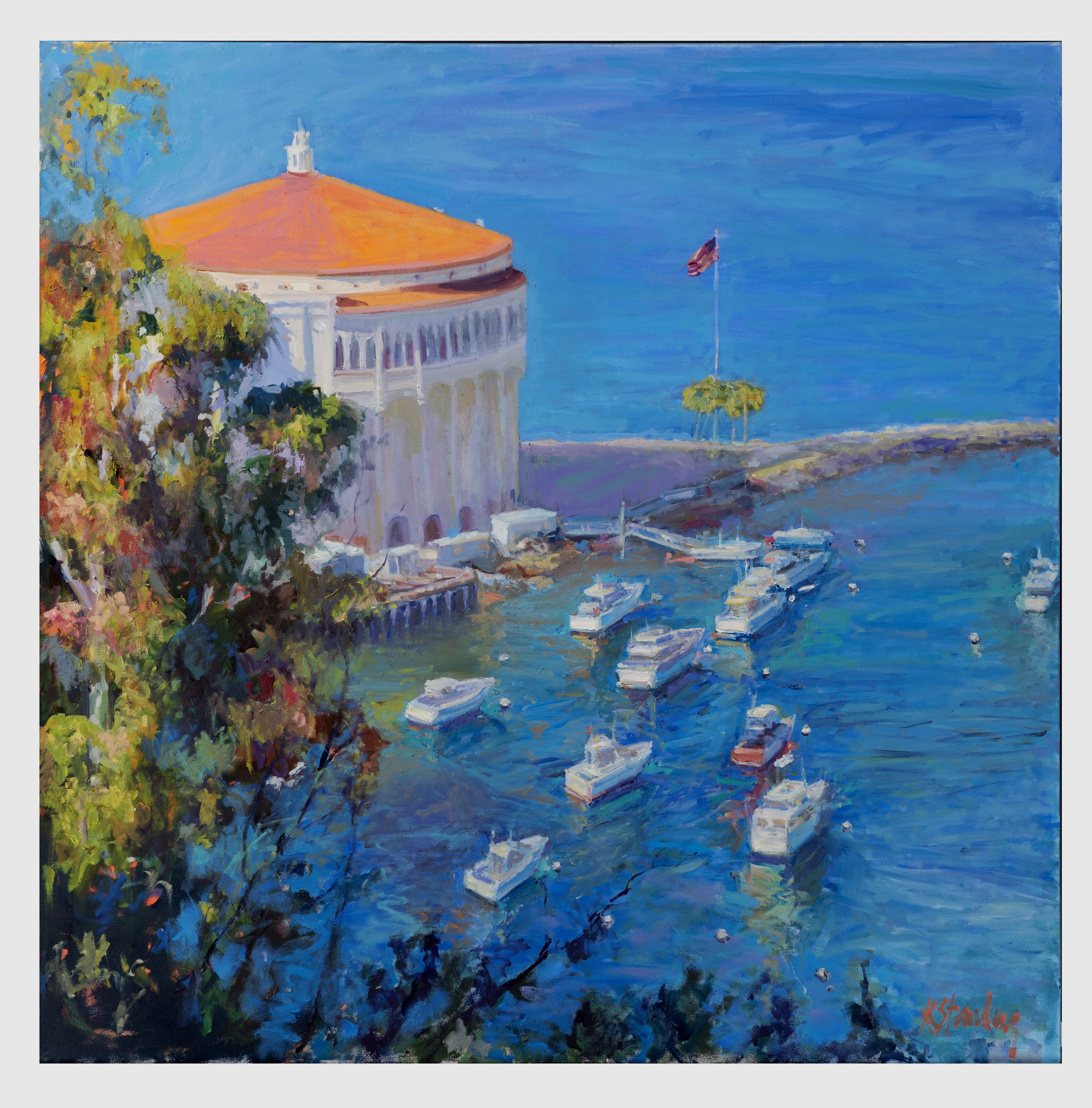 Casino Overlook, an oil painting of the Catalina Casino and Avalon Bay by Kymberlee Stanley