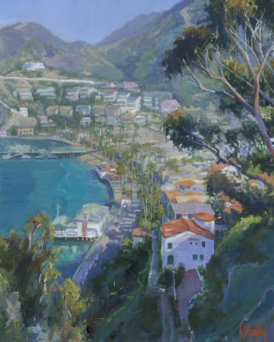 View from the Chime Tower, an impressionist painting of Avalon's harbor and hillside by Kymberlee Stanley